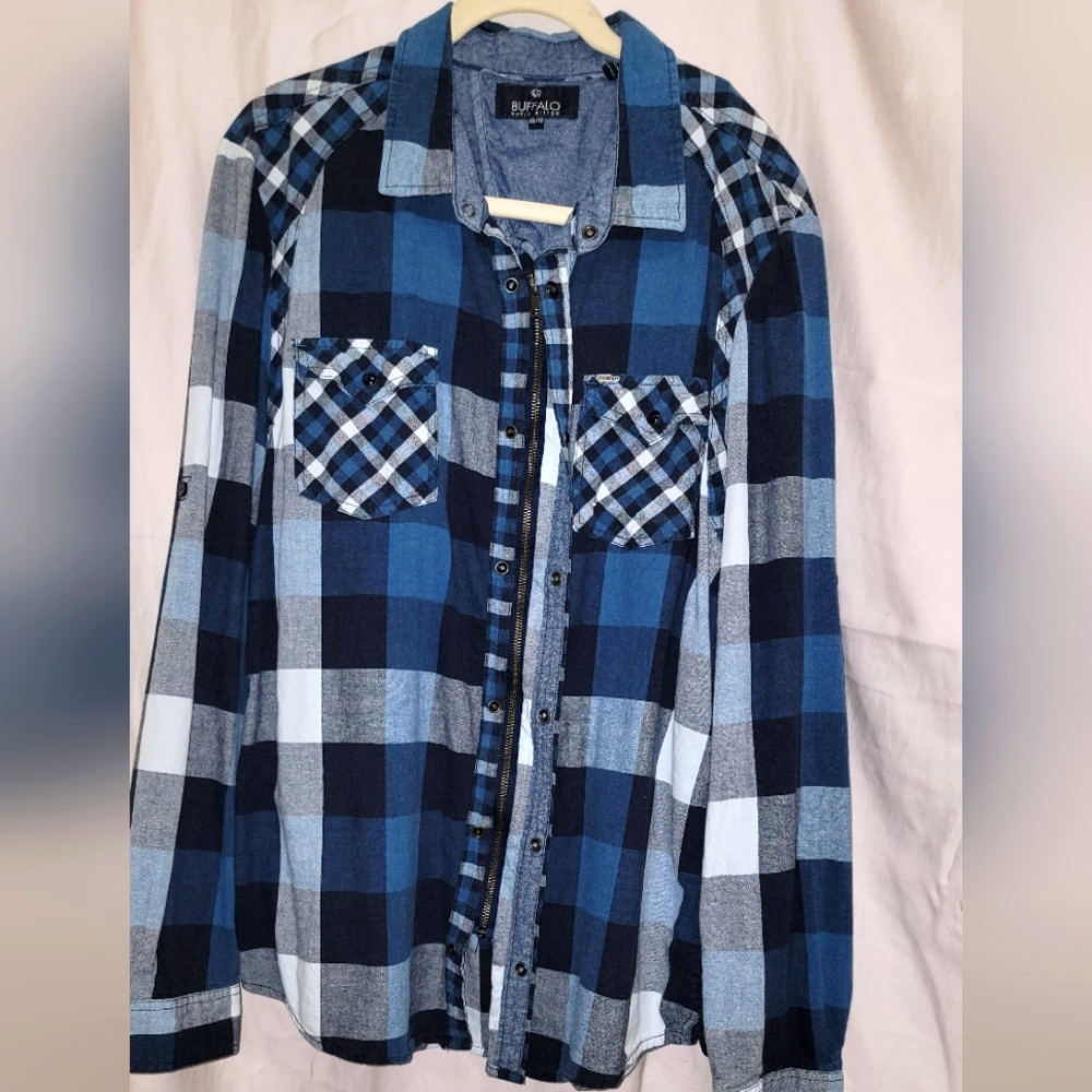 ❤️🎁👕Buffalo David Bitton Men's Blue Plaid Long Sleeve Shirt Size: 2XL